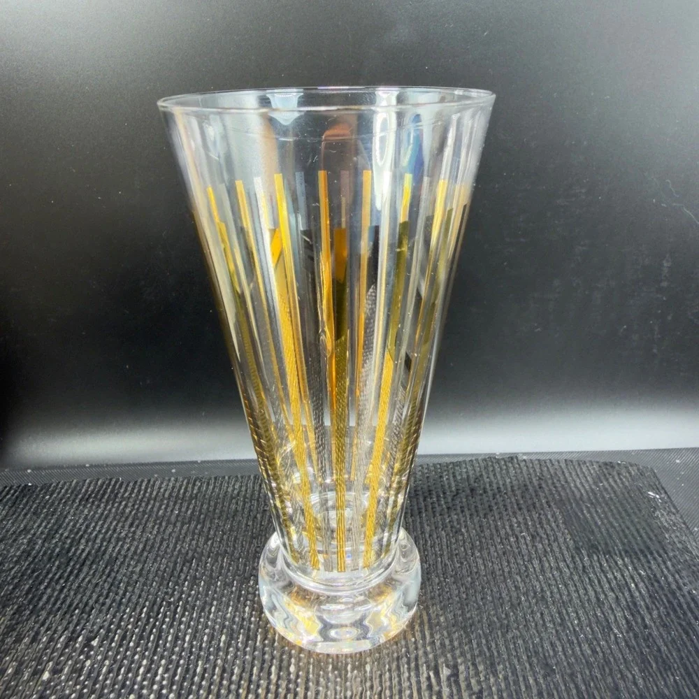 Vintage Mid Century Gold Silver Striped Footed Pilsner Cups Glasses Set of 2 VTG